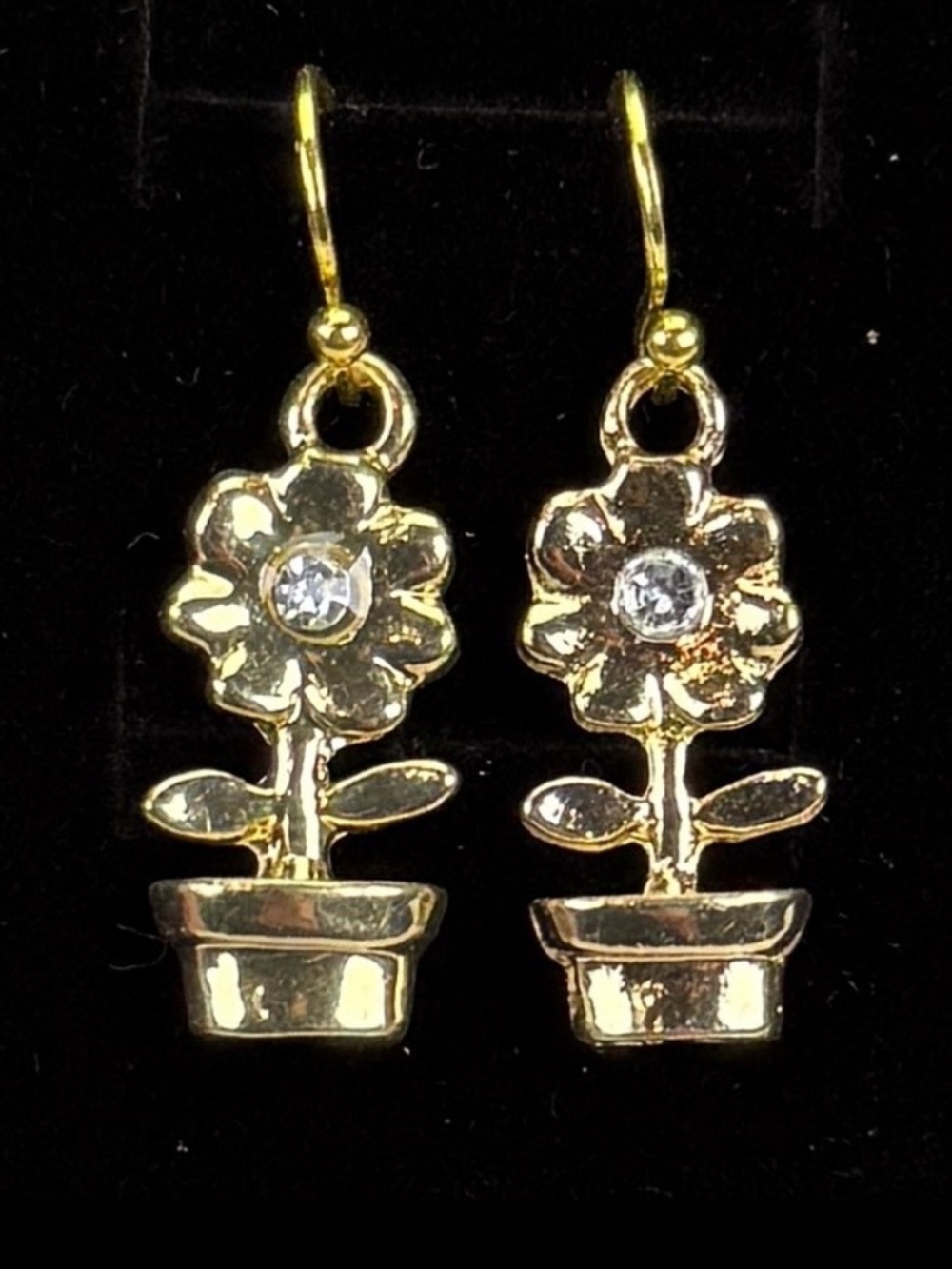 Super sweet, weighted, goldstone clear bling, sunflower potted pierced earrings